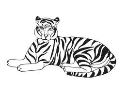 Lying tiger resting after hunting. Big wild tabby cat. Jungle dweller. Vector stock illustration in doodle style isolated on white background.