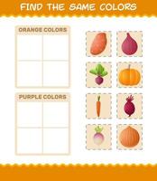 encontrar los mismos colores de las verduras. juego de búsqueda y emparejamiento. juego educativo para niños y niños pequeños en edad preescolar vector