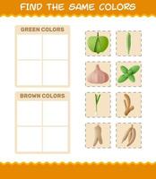 encontrar los mismos colores de las verduras. juego de búsqueda y emparejamiento. juego educativo para niños y niños pequeños en edad preescolar vector