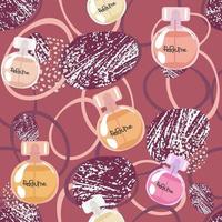 Vector seamless pattern. Rough sketch of perfume bottles on red background. illustration
