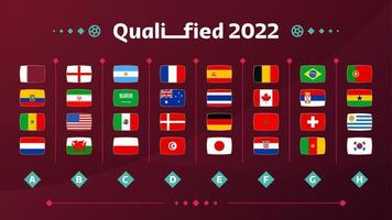 Conjunto de grupos y banderas de fútbol mundial 2022. Conjunto de banderas de los países participantes en el campeonato mundial de 2022. ilustración vectorial vector