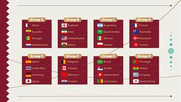 Conjunto de grupos y banderas de fútbol mundial 2022. Conjunto de banderas de los países participantes en el campeonato mundial de 2022. ilustración vectorial vector