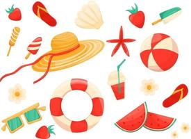 Summer set, accessories to Beach holidays. sunglasses, ball, fruit, ice cream, cold drink, berries, flowers, slippers. Modern vector illustration isolated on white background