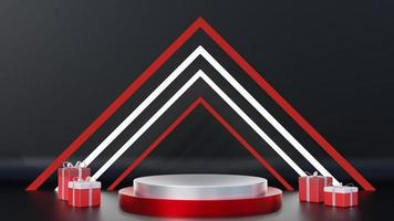 Elegant background 3d podium with triangular area, red and white gifts. Suitable for the theme of Indonesian independence photo