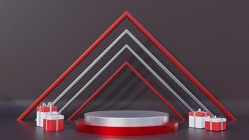 Elegant background 3d podium with triangular area, red and white gifts. Suitable for the theme of Indonesian independence photo