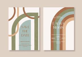 Boho Arch Wedding Invitation Terraccota Rust Beige Modern Retro 70s Rainbow Sage Arch Moss Abstract Japandi Minimalism. vector