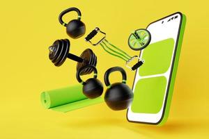 Ilustración colorida en 3D de un smartphone moderno con un panel con equipamiento deportivo. el concepto de entrenamientos en línea, entrenamiento físico