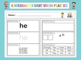 Kindergarten Sight Words Practice Worksheet vector