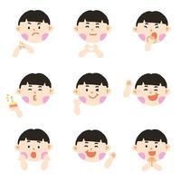 Cute Black Hair Black Eye Boy Kids Children Different Expression Emotions Emotional Emoticon Hand Doodle Character Feelings Faces Collection Set Icon Vector illustration