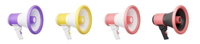 Loudspeaker 3d render illustration set. Megaphone of various colors isolated on white background for announce. photo