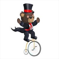 Vector image of a magician bear on a bicycle. Concept. Cartoon style. EPS 10