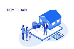 Home loan, refinance, real estate and property mortgage concept. Family with child buy home and sign  contract with banker vector illustration