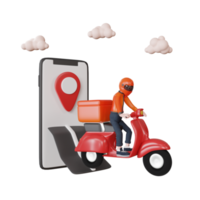 Rendering 3d personaggio uomo di consegna con oggetto illustrazione scooter png