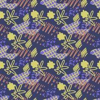 Vector seamless pattern. Abstract colorful doodle flat shapes, strokes, spots, lines, stripes, flowers.