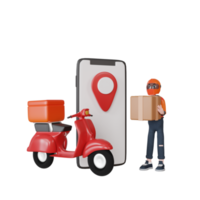 3d rendering delivery man character with scooter illustration object png