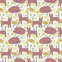 Vector seamless pattern. Cute cats and abstract colorful doodle flat shapes, strokes, spots, lines, stripes, flowers.