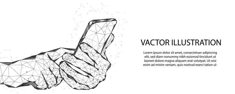 Human hand pressing index finger on touch screen. Closeup. Empty smartphone. Smart technology mockup, innovation, business concept, low poly, wireframe, model, vector illustration.