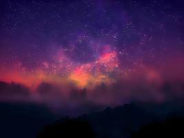 Milky Way and pink light at mountains. Night colorful landscape. Starry sky with hills. Beautiful Universe. Space background with galaxy. Travel background photo