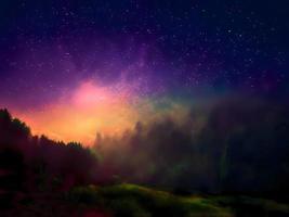 Milky Way and pink light at mountains. Night colorful landscape. Starry sky with hills. Beautiful Universe. Space background with galaxy. Travel background photo