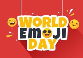 celebración del día mundial del emoji con eventos y lanzamientos de productos en diferentes expresiones faciales forma de caricatura linda en ilustración de fondo plano vector