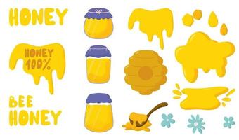 Vector honey jar, wooden spoon, bee honey, blue flowers. Cartoon, flat style. Use for postcards, T-shirt printing, for children, advertising, brochures, stationery.
