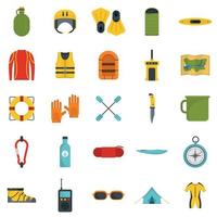 Rafting kayak water canoe icons set, flat style vector