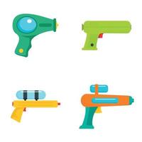 Squirt gun water pistol game icons set, flat style vector