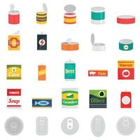 Tin can food package jar icons set, flat style vector