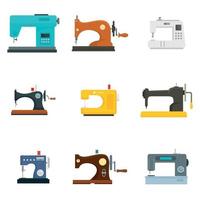 conjunto de iconos de máquina de coser, estilo plano vector