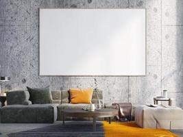 maqueta de un marco de afiche en un interior moderno con piso de madera, fondo de pared de concreto, estilo escandinavo, estilo loft, presentación en 3d, ilustración en 3d foto