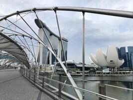 Singapore July 3 2022 Cloudy view at the Marina Bay sands and Helix Bridge in Singapore landmarks photo