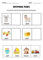 Find rhyming pairs. Educational worksheet. Cut and paste. vector