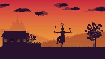 silhouette of traditional Thai Dance and wall ancient temple on gradient background vector