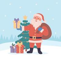 Funny santa with presents. Christmas greeting card vector