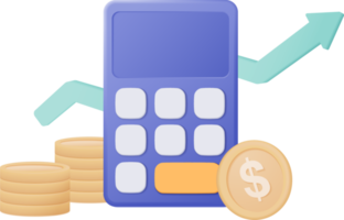 A calculadora mínima 3D renderiza o conceito de gestão financeira. cálculo de planejamento de risco financeiro, calculadora com pilha de moedas e notas com conceito de vetor 3d em fundo pastel