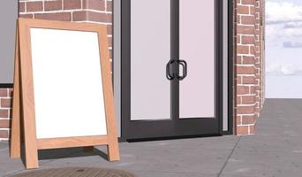 3D illustration blank mini signboard in front of cafe for copy space , message, information, text , advertisement , announcement and other , 3D rendering photo