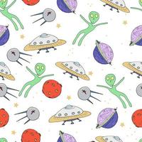 Nursery seamless pattern. Hand drawn  solar system, stars, planets, spaceships, rockets. vector