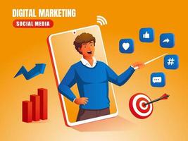 a man explains about digital marketing social media with social media logos and graphic diagrams vector