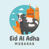 Cow and mosque happy Eid al Adha concept vector