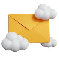 3D rendering correo amarillo con tres nubes blancas aisladas foto