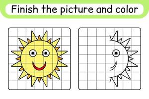 Complete the picture sun. Copy the picture and color. Finish the image. Coloring book. Educational drawing exercise game for children vector