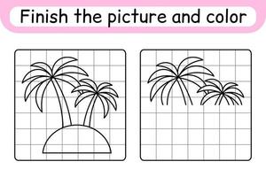 Complete the picture palm. Copy the picture and color. Finish the image. Coloring book. Educational drawing exercise game for children vector