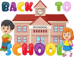 Back to school. Happy little kids with school building vector