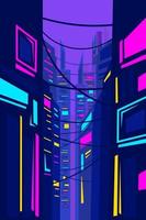 City cyberpunk neon line art design skyline with buildings, towers. Cityscape glowing lights, architecture vector illustration.