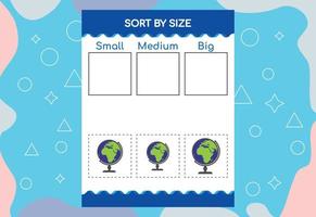 Sort images by size. Educational Worksheet For Kids. vector