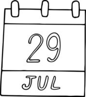 calendario dibujado a mano en estilo garabato. 29 de julio. día internacional del tigre, fecha. icono, elemento adhesivo para el diseño. planificación, vacaciones de negocios vector