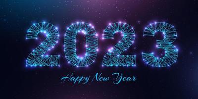 Happy new year 2023 greeting card. Low poly style design. Numbers from a polygonal wireframe mesh. Abstract vector illustration on dark background.