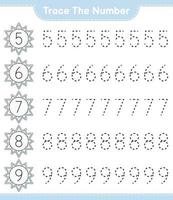 Trace the number. Tracing number with Snowflake. Educational children game, printable worksheet, vector illustration
