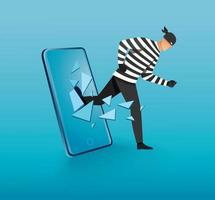 Hacker, thief hacking into smartphone. vector illustration