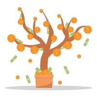 Money tree in pot with cash on branches. Plant with falling coins and banknotes. Concept of abundance, prosperity and richness. Colored flat cartoon vector illustration isolated on white